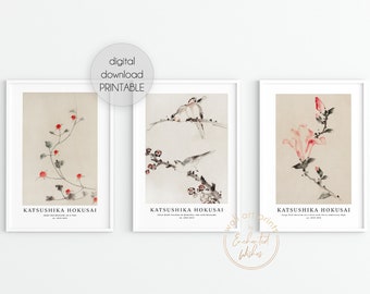 Hokusai Prints PRINTABLES, Gallery Wall Set of 3 Prints, Floral Fine Art Prints, Katsushika Hokusai Wall Art, Japanese Vintage Floral Print