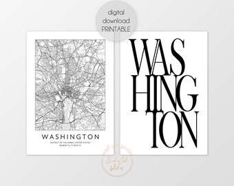 Lot de 2 imprimés Washington, impression carte de Washington DC, affiche typographie, ensemble d'impression en téléchargement numérique Washington, ville de Washington aux États-Unis