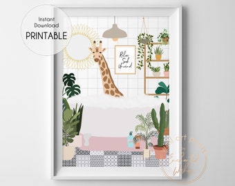 Giraffe in Bath Print Printable Download, Animal in Bathtub Poster, Fun Eclectic Bathroom Wall Art, Maximalist Botanical Bathroom Print Art