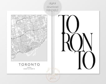 Toronto Print Set of 2 Printables, Toronto Map Print, Typography Poster, Toronto Digital Download Print Set, Toronto City Canada Wall Art