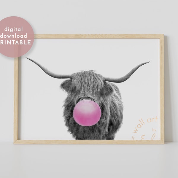 Bubble Blowing Highland Cow Print PRINTABLE, Highland Cow Print, Bubblegum Animal, Highland Cow Art, Large Highland Cow Blowing Pink Bubble