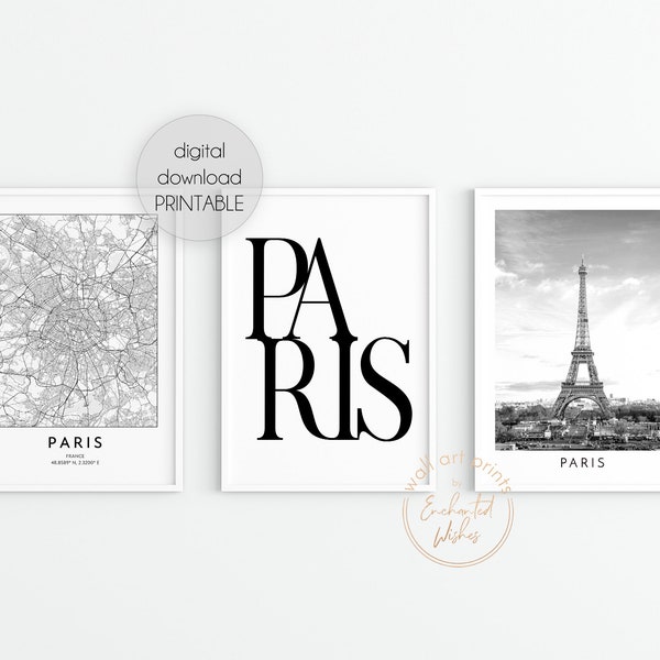 Paris Print Set of 3 Printables, Paris Map Print, Typography Poster, Paris Digital Download Print Set, Paris City Photo Wall Art France