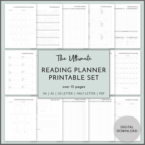 Reading Planner Set PRINTABLE, Reading Journal, Book Organizer, Book Tracker, Minimal Book Review, Reading Log Library, Planner Download