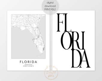 Florida Print Set of 2 Printables, Florida Map Print, Typography Poster, Florida Digital Download Print Set, Florida USA State Wall Art