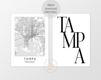 Tampa Print Set of 2 Printables, Tampa Map Print, Typography Poster, Tampa Digital Download Print Set, Tampa Florida US City Wall Art Decor