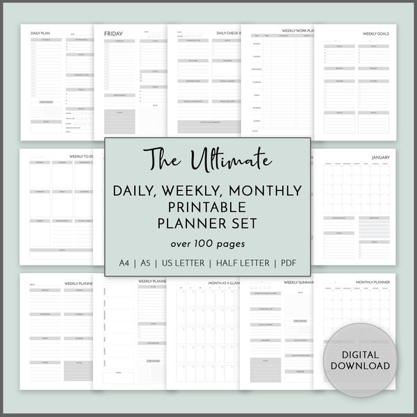 Daily Weekly Monthly Planner Set PRINTABLE, 2024 Daily Planner, Weekly Planner, Productivity, Minimalist Journal Organizer, Personal Journal