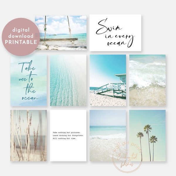 Ocean Wall Art Prints Printable Set of 10, Coastal Decor, Ocean Photo Gallery Wall, Beach Sea Poster Collection, Tropical Wall Decor Quotes