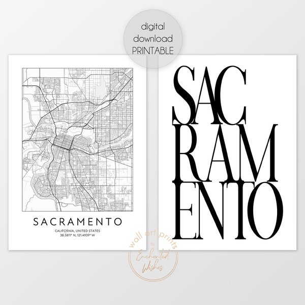 Sacramento Print Set of 2 Printables, Sacramento Map Print, Typography Poster, Sacramento Digital Download Print Set, California US City Art