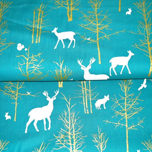 1 YRD Michael Miller Fabrics MD6462-Teal - Timber Valley 100% Quilting Cotton - Teal, Turquoise, Forest, Deer, Metallic Gold Trees, Animals