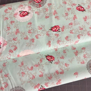 1 YRD AGF Recollection RCL-706 Remembrose Doilies Light Floral Aqua Coral Pink 100% Quilting Cotton