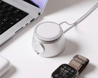 Estación de carga minimalista de aluminio: Apple Watch y base MagSafe