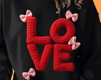 Faux Yarn Crochet Love Valentines Day PNG: Pink Coquette Bow Valentine Sublimation Design