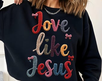 Love Like Jesus PNG: clipart garen gehaakte coquette strik, sublimatieontwerp voor christelijke Valentijnsdag