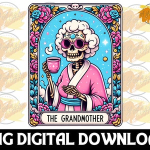 Carta del Tarot Divertida de la Abuela PNG - Diseño de Sublimación del Día de la Madre Esqueleto, Diseño de Camiseta y Taza Colorida de la Abuela Bruja, Descarga Digital