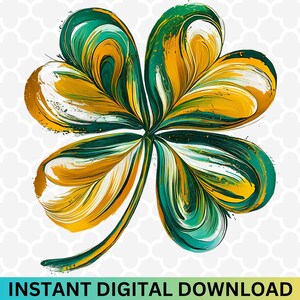May include: A green and gold four-leaf clover with a swirling, abstract paint design.