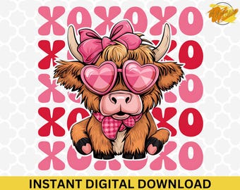 Valentine Highland Cow PNG: XOXO Heart Glasses (Digital Download)