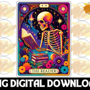 Die Leser-Tarot-Karte PNG - Leseskelett-Sublimationsdesign, Booktrovert Png, Buchliebhaber-Leser-Schädel-Tarot Png, lustiges Buch PNG