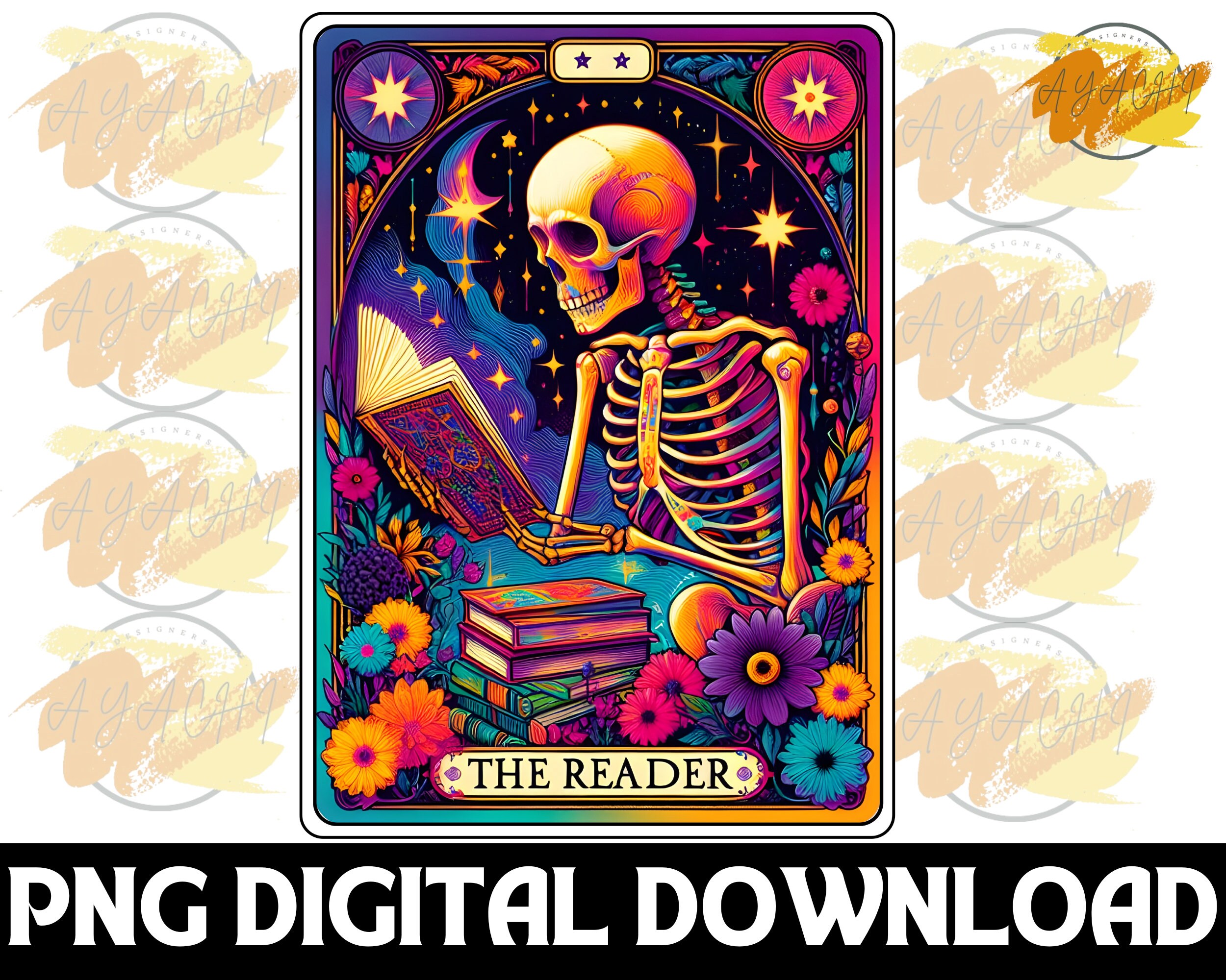 The Reader Tarot Card PNG - Reading Skeleton Sublimation Design , Booktrovert Png , Book Lover Reader Skull Tarot Png ,  funny book PNG
