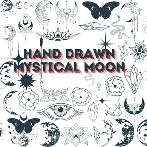 Pode incluir: Uma coleção de ilustrações de lua mística desenhadas à mão em preto e branco. As ilustrações incluem luas, estrelas, borboletas, cobras, flores, cristais e outros elementos celestiais e inspirados na natureza. O texto "HAND DRAWN MYSTICAL MOON" aparece no centro da imagem.