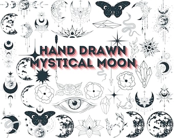Hand Drawn Mystical Moon PNG Bundle: Celestial Boho Designs (Digital Download)