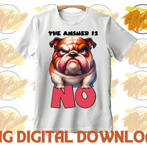 May include: White t-shirt with a cartoon bulldog graphic and the text "The answer is NO".