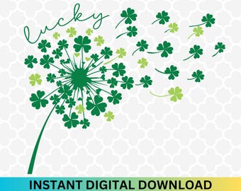 Puede incluir: Hojas verdes de trébol en forma de diente de león con la palabra "lucky" escrita encima.