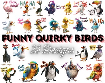 Imágenes prediseñadas de pájaros divertidos en acuarela: 23 diseños PNG originales (descarga digital)