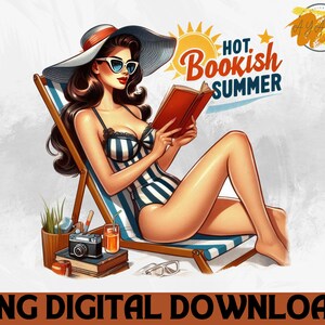 May include: A woman wearing a white and red sun hat and sunglasses sits on a beach chair reading a book. The text "Hot Bookish Summer" is in the background.