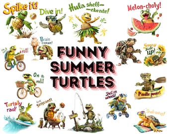 Funny Summer Turtle Clipart Bundle: Beach & Sea Turtle Graphics (PNG Digital Download)