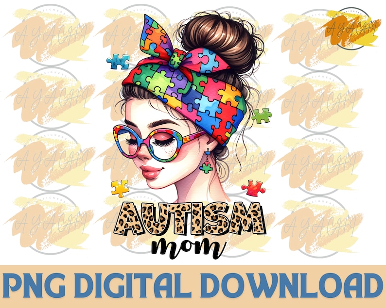 Pu&ograve; includere: Un'illustrazione digitale di una donna con i capelli castani che indossa una fascia per capelli con un motivo a pezzi di puzzle. La fascia &egrave; blu, verde, gialla e rossa. La donna indossa degli occhiali e ha uno sfondo blu chiaro. Il testo "Autism Mom" &egrave; scritto in lettere nere con uno sfondo a stampa leopardata.