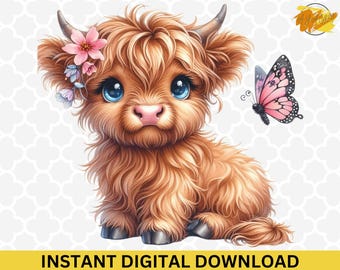 Highland Cow PNG – Butterfly Clipart, Cartoon Animal (Digital Download)