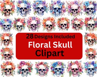 Imágenes prediseñadas de calaveras florales: 28 diseños PNG en acuarela (descarga digital)