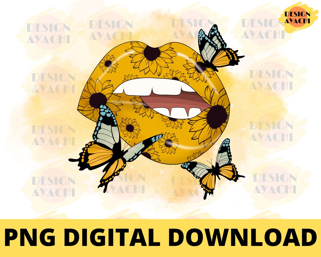 Sparkling Lips With Sunflowers PNG Butterfly Sublimation Design ...
