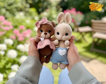 Bear and Bunny Amigurumi Crochet Pattern, Animal Doll PDF