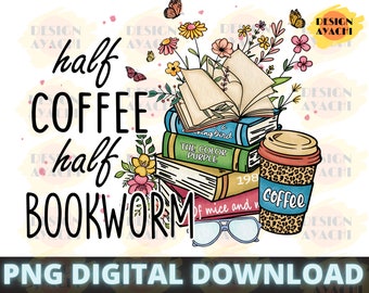 Coffee Bookworm PNG: Retro Floral Design (Digital Download)