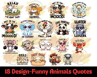 May include: 18 colorful round designs featuring cartoon animals with funny sayings.  The designs include a goat, squirrel, cow, elephant, chicken, panda, dog, sloth, duck, pig, lobster, and pug.