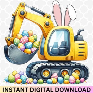 Könnte beinhalten: Ein gelber Spielzeugbagger mit Hasenohren ist mit bunten Ostereiern gefüllt. Der Bagger hat einen schwarzen Schaufel und schwarze Räder.