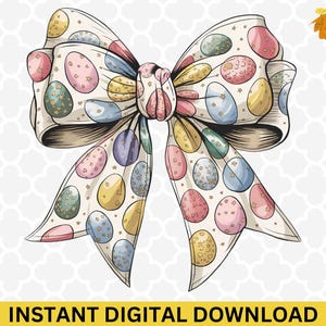 May include: A white bow with a pastel Easter egg pattern. The bow is tied in a knot and the ends are curled.