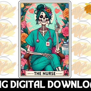Carta del Tarot de la Enfermera PNG - Diseño de sublimación de esqueleto, Esqueleto sarcástico y malsonante PNG, Diseño de camiseta de tarot con calavera de bruja enfermera PNG