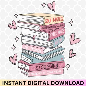 May include: A stack of eight pink and white paperback books with titles that include "Soul Mates", "Forbidden Love", "Fated Mates", "Age Gap", "Love Triangle", "Slow Burn", and "Marriage of Convenience".