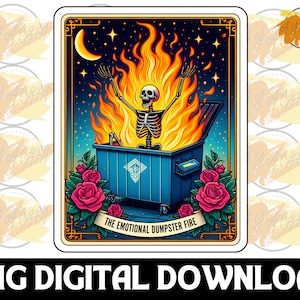 Emotionales Müllcontainer Feuer Lustige Tarot Karte PNG - Witchy Schädel Tarot T-Shirt Becher PNG Datei, sarkastisches Skelett Sublimationsdesign PNG