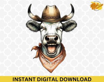 Imágenes prediseñadas de vaca vaquera divertida: Animal del Oeste PNG (Descarga digital)