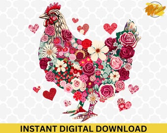 Floral Chicken Valentine PNG: Heart Love Animal (Digital Download)
