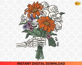 Floral Halloween Skulls PNG: Retro Spooky Season Clipart (Digital Download)
