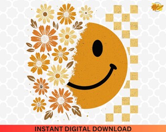 Floral Fall Smiley Face PNG: Pumpkin Sublimation (Digital Download)