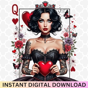 Herzkönigin PNG - Gothic Herzkönigin Clip Art, sarkastische Frauen Sublimationsdesign Png, Niedliche rote und rosa Herzkönigin PNG
