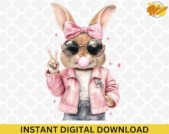 Retro Easter Bunny Blowing Bubble PNG - Funny Easter Bunnie Sunglasses, Vintage Happy Easter Png, Bunny Blowing Bubble Gum, Easter Holiday