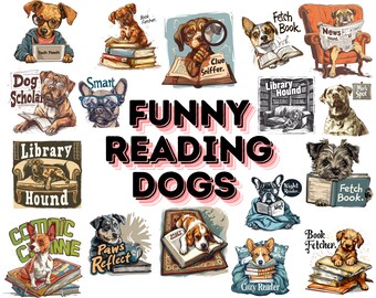 Funny Reading Dogs Clipart: Watercolor PNG Bundle (Digital Download)