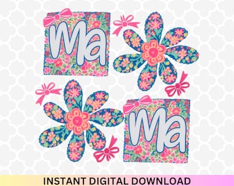May include: Two square floral designs with the word "ma" in white letters on a blue background.  The floral designs are pink, blue, and green.