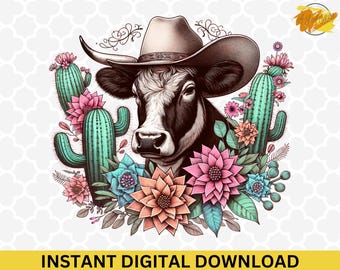 Funny Cow Cowboy Hat Clipart: Western Farm Animal PNG (Digital Download)